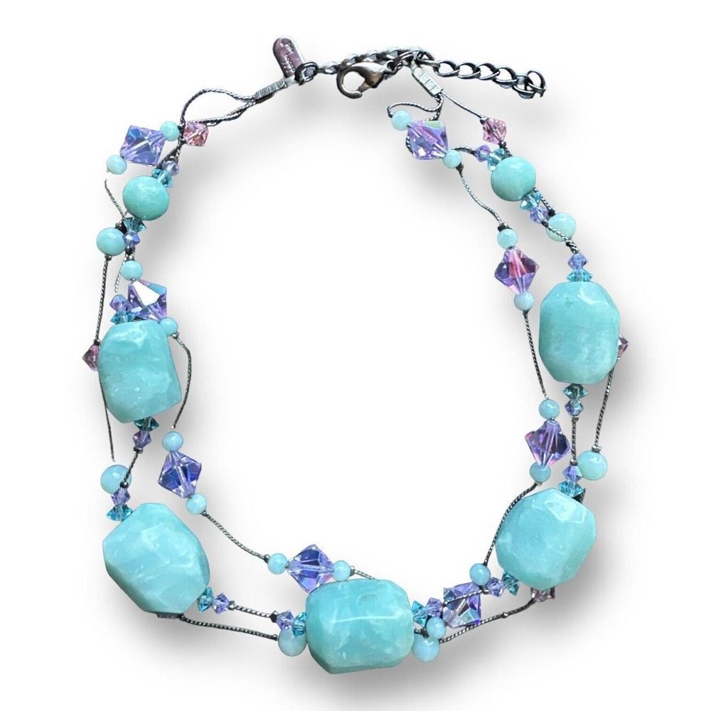 DEBBIE REID Blue Quartz, Swarovski Crystals 3 Strand Necklace 17.5”
